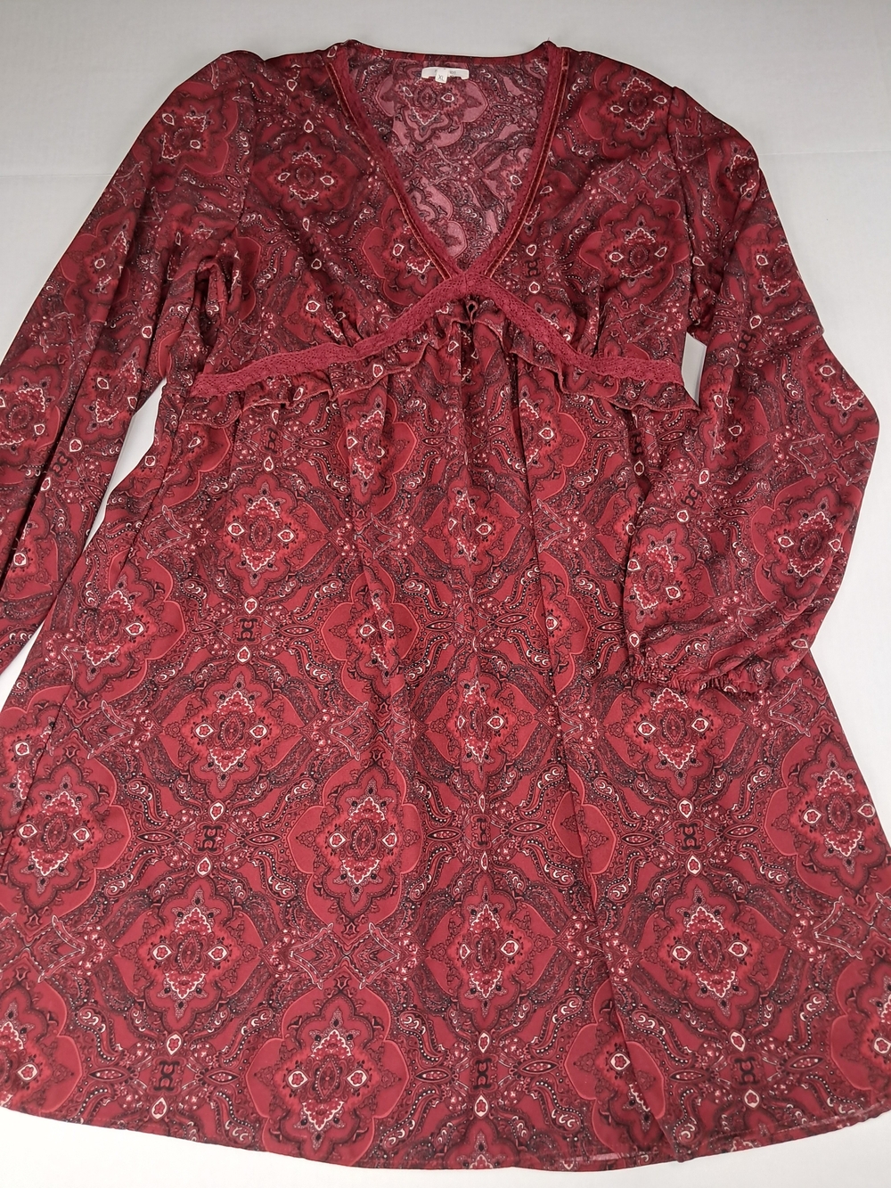 Maurices Burgundy Paisley Long-Sleeve V-Neck Dress